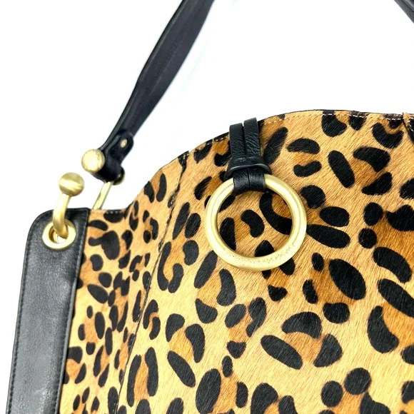 BCBGMAXAZRIA Black Leather Leopard Print Calf Hair Shoulder Bag Purse Animal - Picture 3 of 5